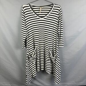 Comfy USA Shirt Tunic Women S Black White Stripe Asymmetric 3/4 Sleeve Lagenlook